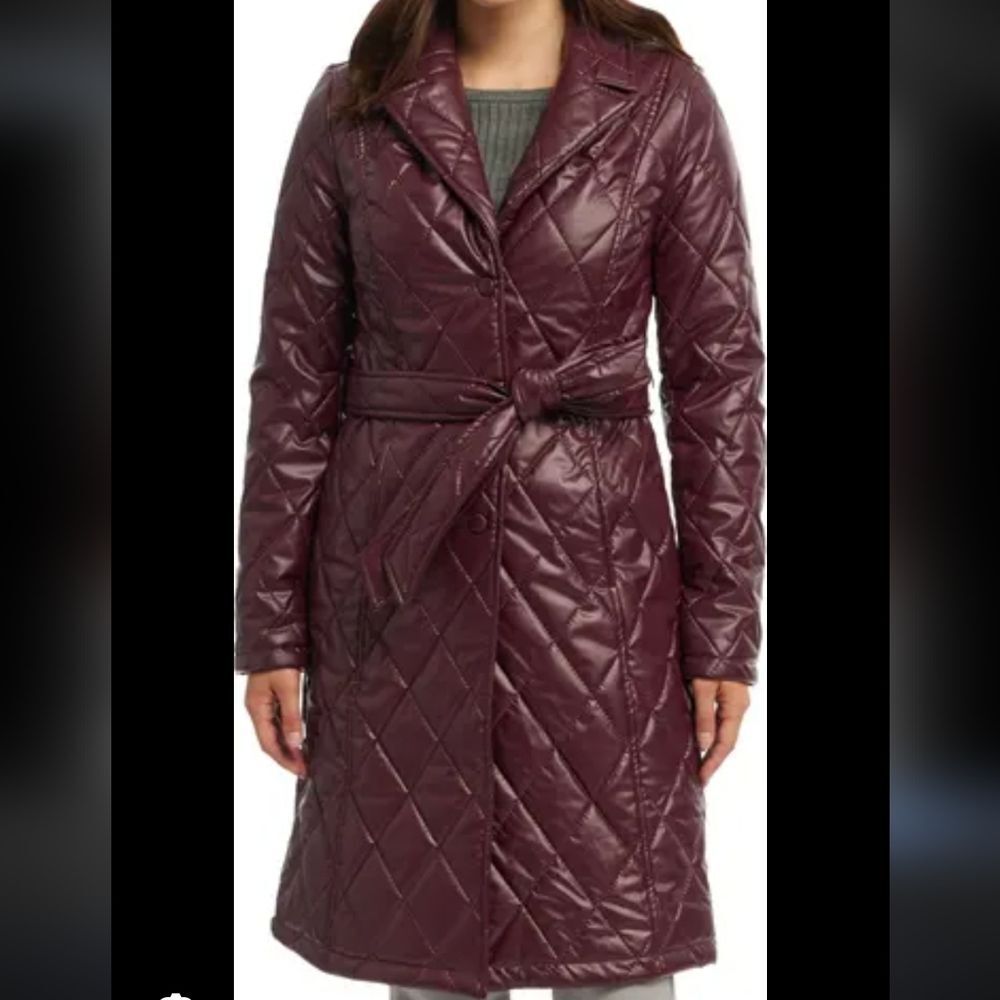 Badgley Mischka Burgundy Quilted Trench Coat
